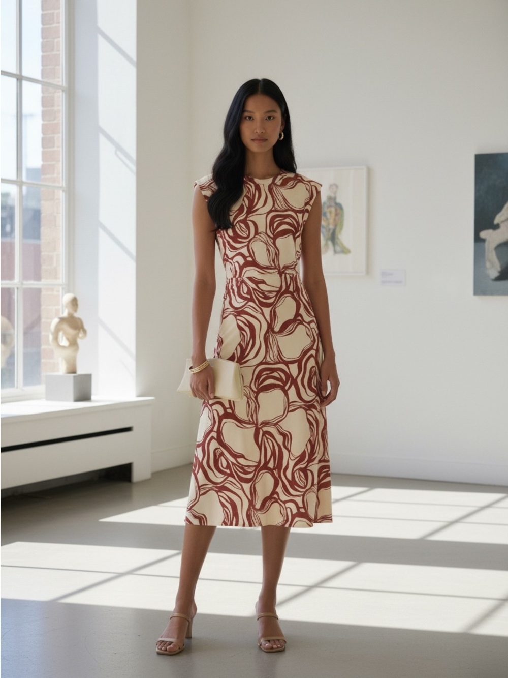 Tanya Taylor Aurora Twist Waist Sheath Dress XS Cream Redwood Luxury Cotton